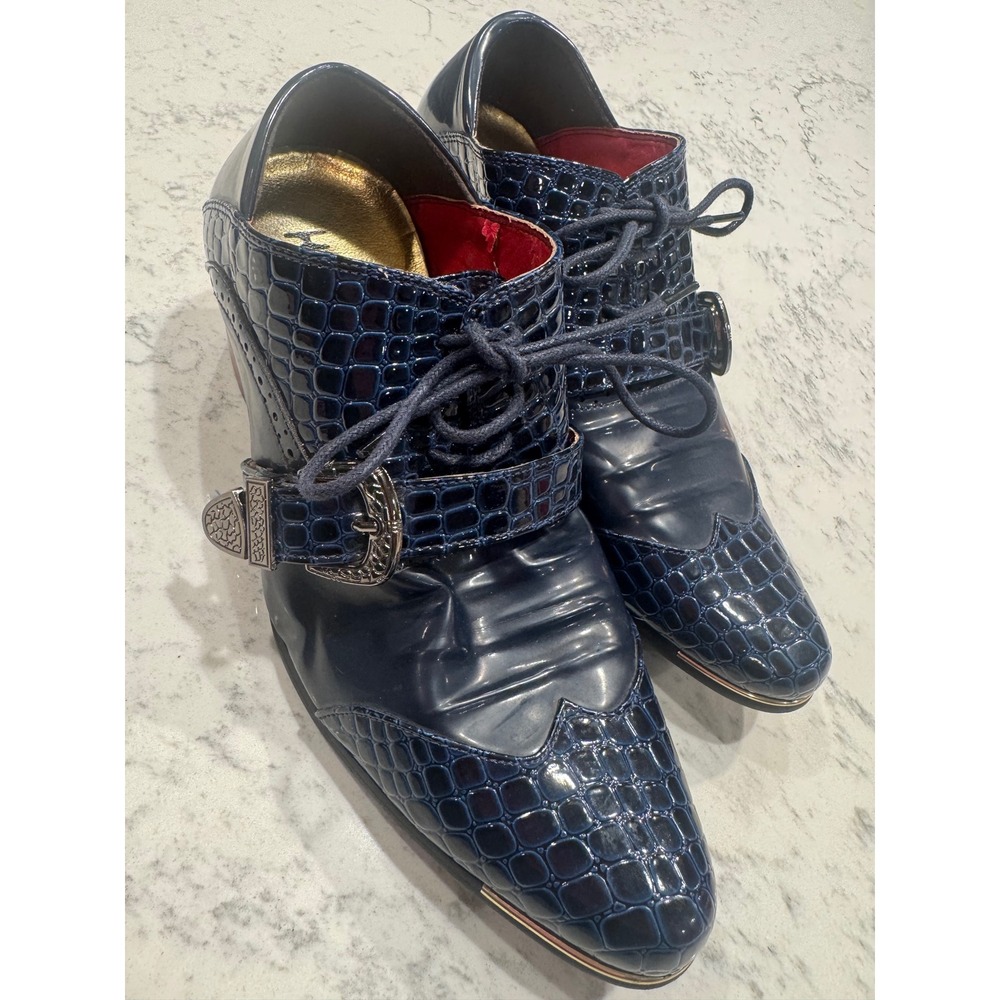 Kuuncce Mens Navy Blue Croc Embossed Buckle Dress Shoes Block Heel Size 250 JP 7
